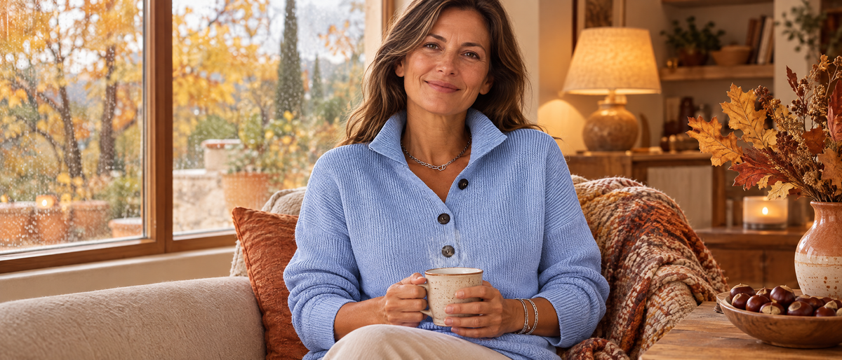Mujer de unos 50 años con suéter azul tomando un té en un salón luminoso de otoño